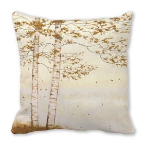 Detailed close-up of watercolor birch forest print on peach skin fabric cushion cover