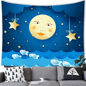 Detail of cartoon starry night tapestry showing moon and fish over a grey sofa