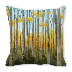Detail of artistic watercolor birch tree print on peach skin pillowcase with vivid leaves