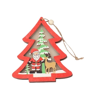 Lighted wooden Christmas tree ornament with Santa and reindeer scene in red and natural wood