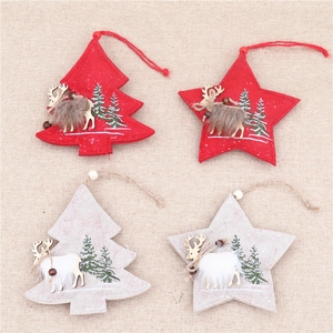 Detailed view of felt Christmas tree and star ornaments with wooden reindeer and beads