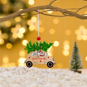 Pendentif de voiture de Noël en bois avec Père Noël et sapin sur branche