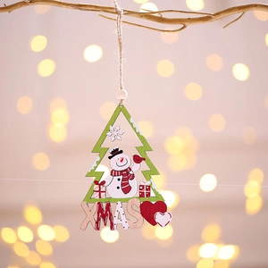 Wooden Christmas tree pendant with snowman painting and hollow XMAS lettering
