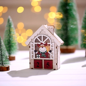 Wooden Christmas countdown advent calendar with reindeer motif and glowing warm lights
