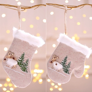 Décoration Suspendue Chaussette Et Gant De Noël Lin Flanelle Broderie Renne Pour Arbre De Fête Fenêtre