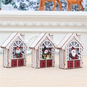 Detail showing wooden Christmas countdown calendars with Santa, Reindeer and Snowman figures