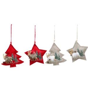 Christmas fabric star and tree ornaments with plush reindeer details and hanging ropes