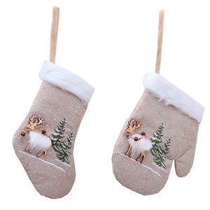 Ensemble chaussette et gant de Noël en lin avec motifs renne et sapin brodé