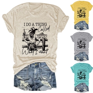 Collage of women's graphic t-shirts in various colors with distressed denim shorts