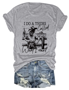 Detail view of cotton t-shirt featuring western style print and distressed denim shorts