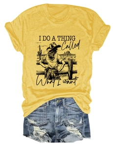 Detail of trendy round neck T-shirt with vintage print and distressed denim shorts