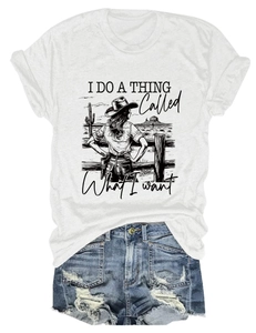 Detail of white cotton T-shirt featuring a vintage Western desert graphic and black typography