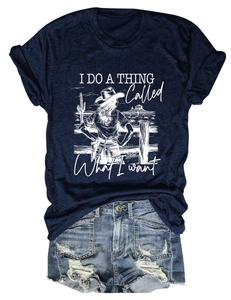 Navy blue t-shirt with vintage cowboy graphic and distressed denim shorts set