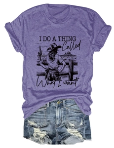 Flat lay of purple cotton T-shirt with vintage graphic and distressed denim shorts