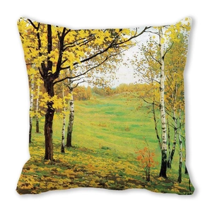 Detail showing the watercolor birch forest landscape print on a soft peach skin cushion cover