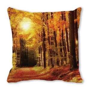 Watercolor autumn forest path cushion cover with fall maple leaves on peach skin fabric