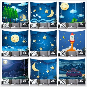 Starry Sky Moon Stars Cartoon Wall Tapestry For Bedroom Living Room Decor Polyester Hanging Tapestry Dreamy Night Forest Illustration