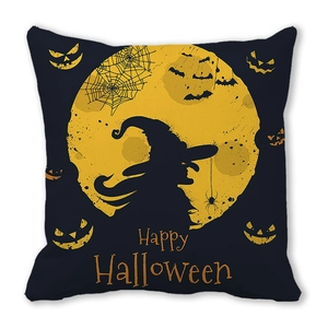 Halloween peach skin cushion cover with witch silhouette and Happy Halloween pumpkin design