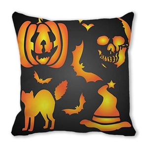Fodera per cuscino Halloween con zucche, teschi, pipistrelli e gatti neri su fondo nero
