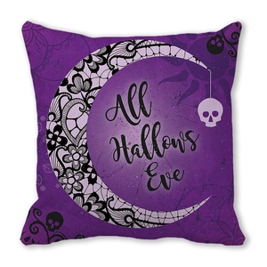 Close-up of Halloween peach skin pillow cover with moon and skull watercolor design