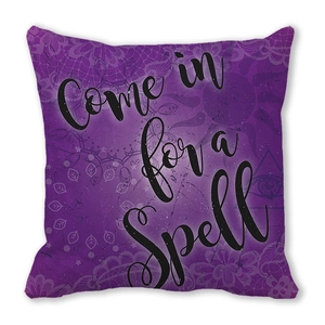 Detailed view of Come in for a Spell purple peach skin pillow cover for Halloween