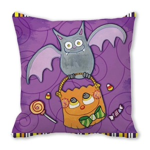 Detail of purple Halloween pillowcase featuring a cute bat holding a pumpkin candy bucket