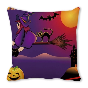 Detail of Halloween pillowcase with watercolor witch, black cat and bat on peach skin fabric