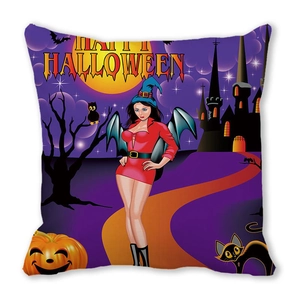 Detail of Halloween pillow case with purple witch, orange pumpkins and spooky castle