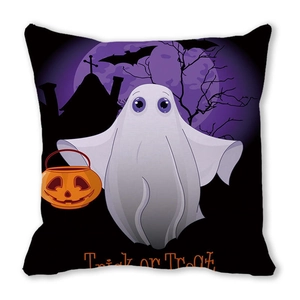 Detail of Halloween pillowcase with cartoon ghost, pumpkin lamp and Trick or Treat text