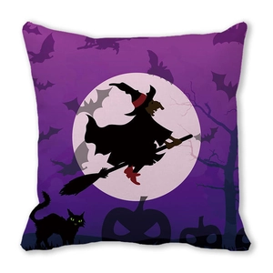 Detailed close-up of Halloween pillow cover featuring a flying witch silhouette and black cat