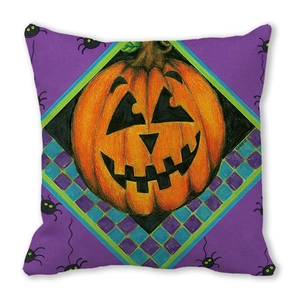 Halloween decorative pillowcase with watercolor pumpkin lantern on a purple checkered base