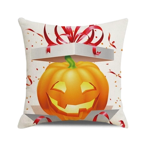 Halloween decorative cushion cover with watercolor pumpkin gift box on beige fabric