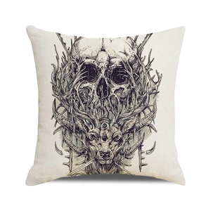 Detailed close-up of gothic square linen pillowcase with skull and antler sketch print