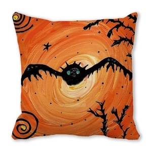 Close-up of Halloween bat illustration on textured peach skin fabric pillow cover