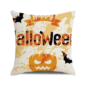 Close-up of Happy Halloween cotton linen pillow cover with pumpkin and bat watercolor design