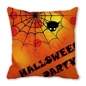 Macro detail of Halloween pillowcase fabric with black spider web and party text design