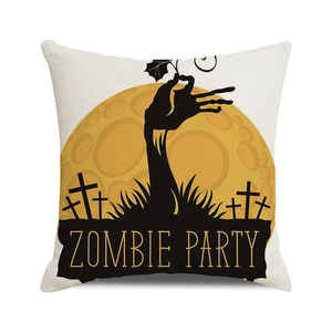 Detail of Halloween zombie party cushion cover with screen printed creepy hands and full moon