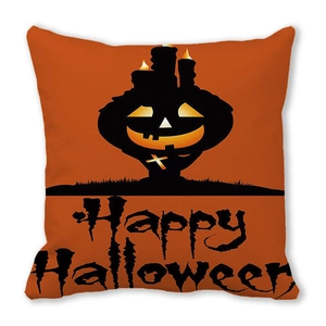 Detail of square Halloween pillowcase with orange pumpkin and Happy Halloween text