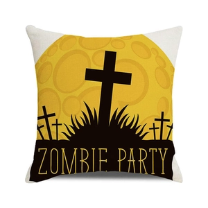 Detail of square cotton linen pillowcase with Halloween moon and Zombie Party print