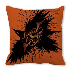 Detail of Happy Halloween Night pumpkin orange pillow cover with black crow and dry branches
