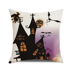Detail of Halloween pillowcase with watercolor pumpkin, haunted castle, and flying witch