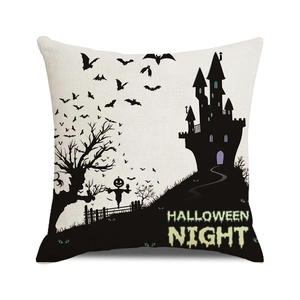 Halloween Night pillow cover featuring a watercolor scarecrow and castle on cotton linen