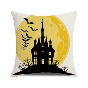 Detail of square pillowcase featuring watercolor Halloween castle and bat print