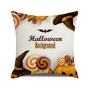 Detail of Halloween throw pillow cover with watercolor pumpkin and wizard hat patterns
