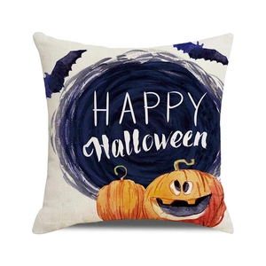 Detail of Happy Halloween pillow cover showing fabric texture and watercolor pumpkin design