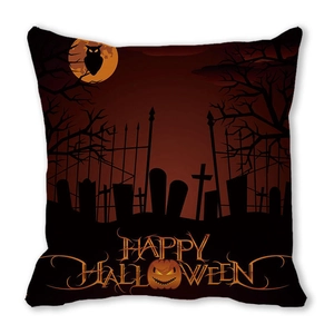 Detail of Halloween pillowcase featuring owl silhouette and Happy Halloween lettering