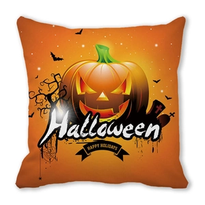 Detail of Halloween pillowcase featuring glowing pumpkins, bats, and holiday typography