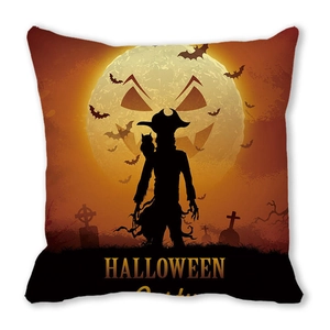 Detail of Halloween pillowcase featuring pumpkin, owl, and spooky graveyard silhouette