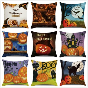Halloween Pumpkin Lantern Linen Cushion Cover Ghost Bat Printed Square Throw Pillowcase For Sofa Home Decor Holiday Ornament