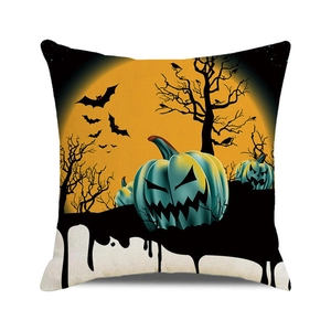 Halloween watercolor teal pumpkin and orange moon decorative linen cushion cover